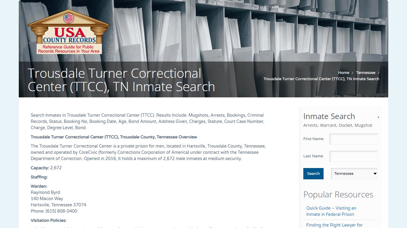 Trousdale Turner Correctional Center (TTCC), TN Inmate Search